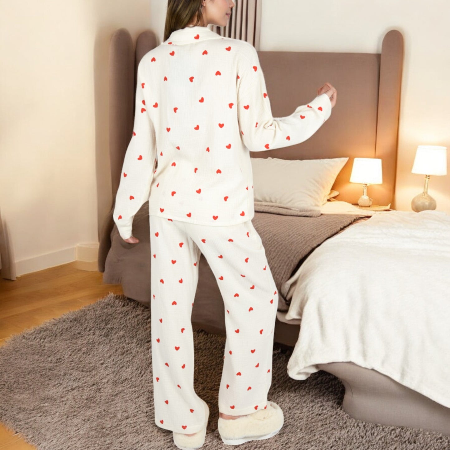 Anna-Kaci Women's Heart Print 2-Piece Pajama Set with Long Sleeve Button-Up Top and Relaxed Fit Pants