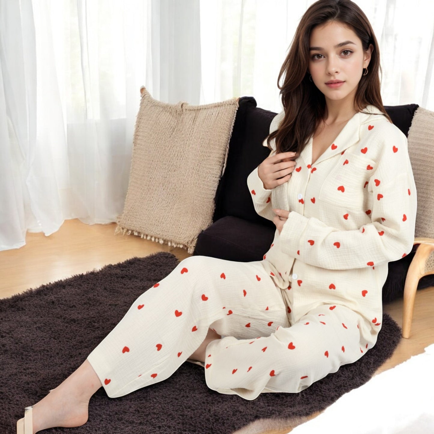 Anna-Kaci Women's Heart Print 2-Piece Pajama Set with Long Sleeve Button-Up Top and Relaxed Fit Pants