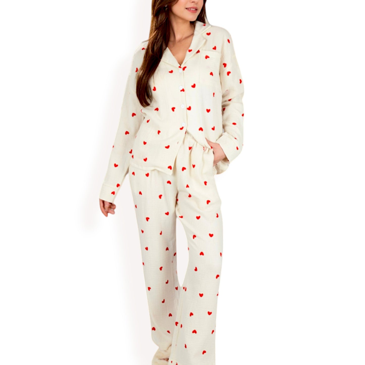 Anna-Kaci Women's Heart Print 2-Piece Pajama Set with Long Sleeve Button-Up Top and Relaxed Fit Pants