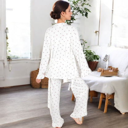 Anna-Kaci Women's Heart Print 3-Piece Pajama Set with Ruffled Trim Open Cardigan, Cropped Tank, and Elastic Waist Pants