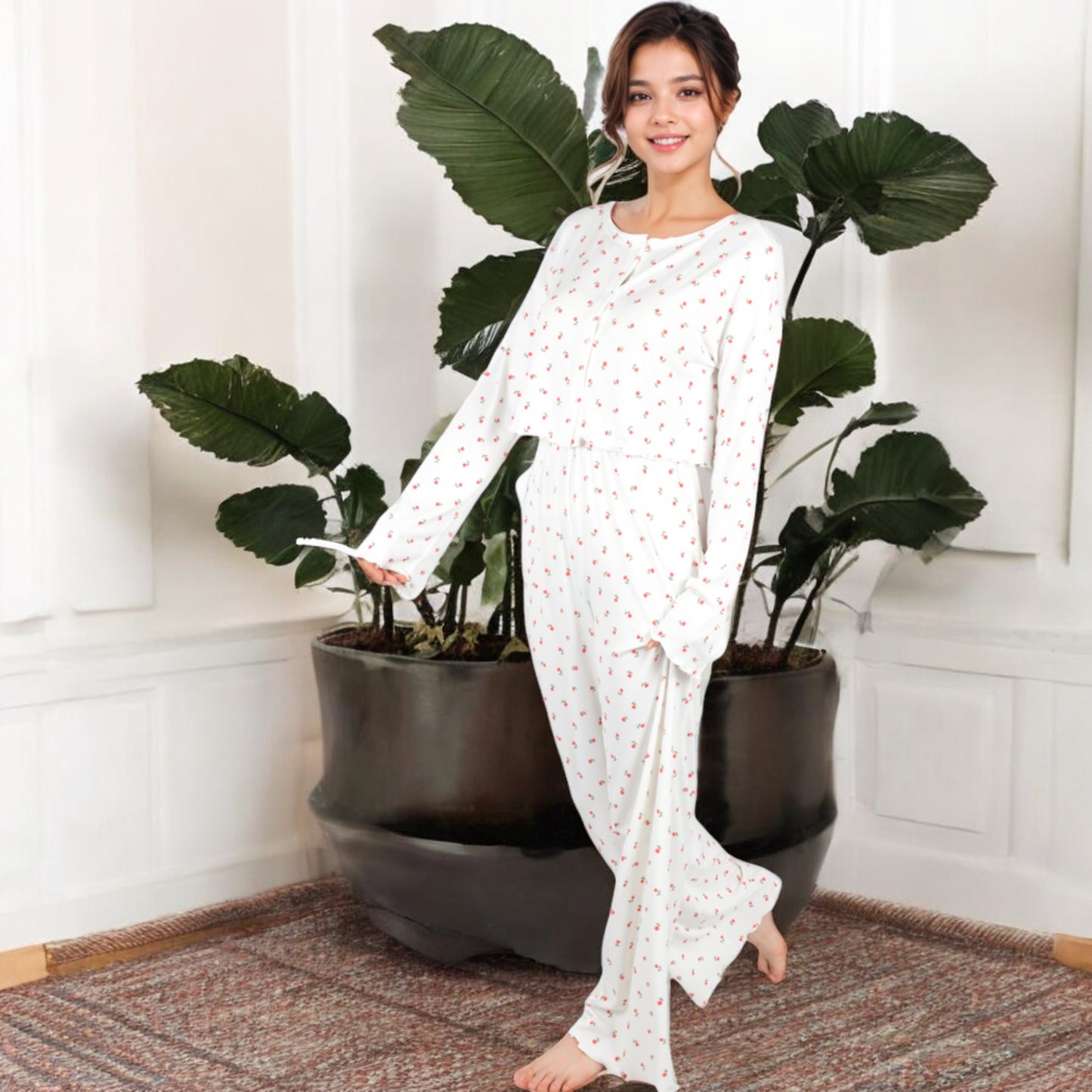 Anna-Kaci Women's Floral Print 2-Piece Pajama Set with Long Sleeve Top and Elastic Waist Relaxed Fit Pants