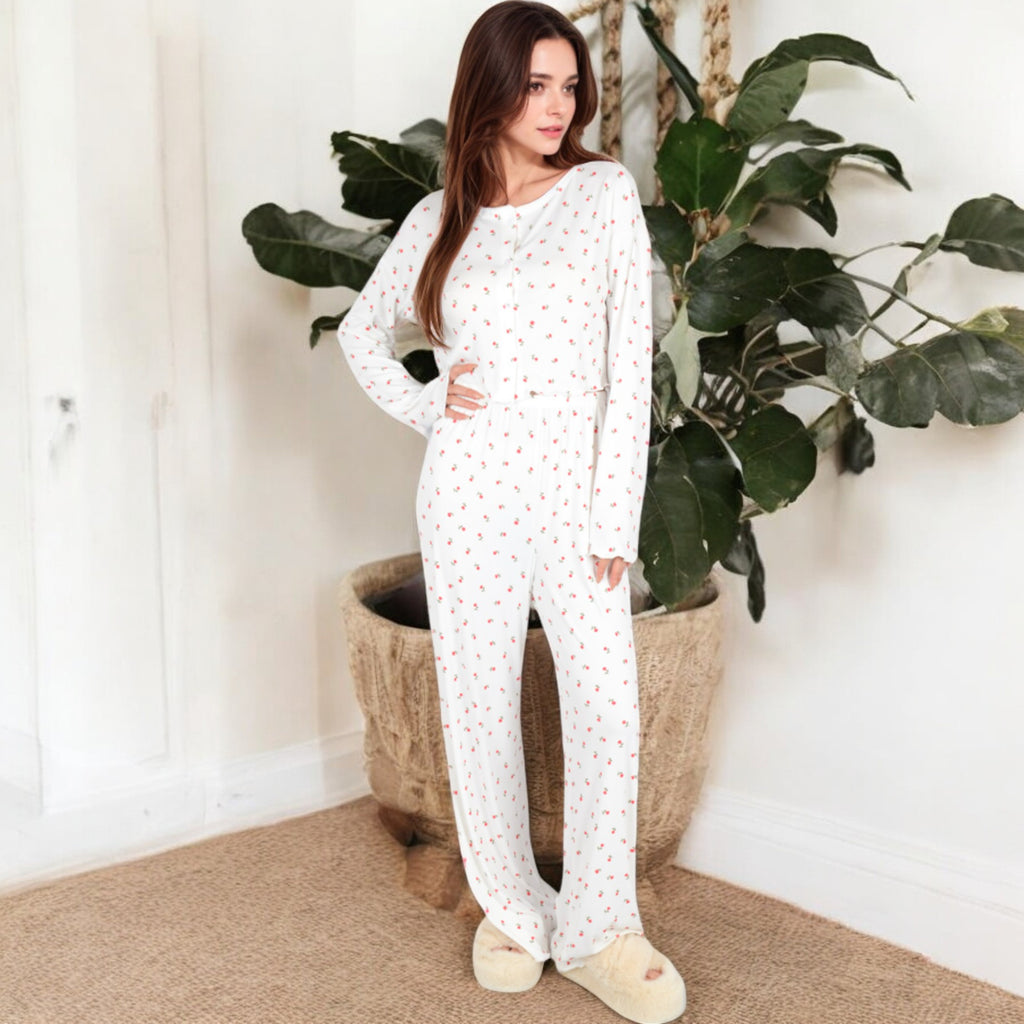 Anna-Kaci Women's Floral Print 2-Piece Pajama Set with Long Sleeve Top and Elastic Waist Relaxed Fit Pants