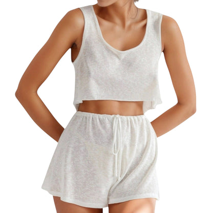 Anna-Kaci Lounge Women's Soft Lounge Pajama Set with Sleeveless Crop Tank and Drawstring Shorts