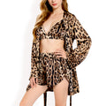 Anna-Kaci Women's Leopard Print 3-Piece Pajama Set with Bralette, Elastic Waist Shorts, and Long Sleeve Open Cardigan