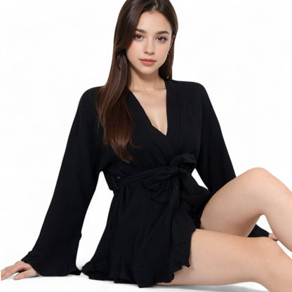 Anna-Kaci Women's Wrap Tie Front Night Robe and Ruffle Shorts 2-Piece Set