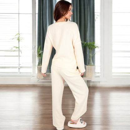 Anna-Kaci Women's Solid Color 2-Piece Pajama Set with Long Sleeve V-Neck Top and Relaxed Fit Wide-Leg Pants