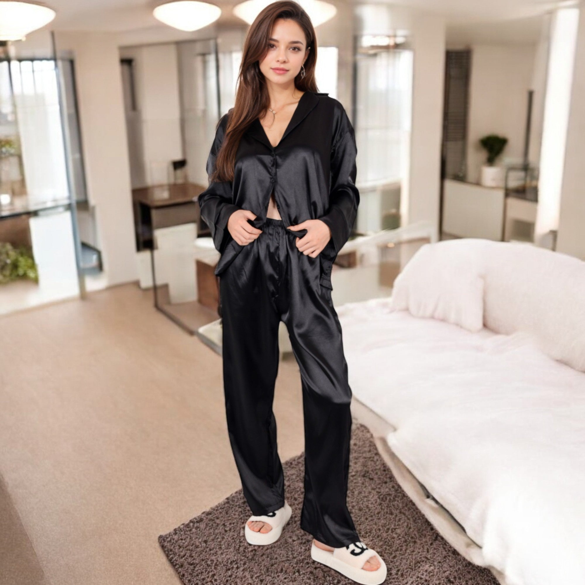 Anna-Kaci Women's Satin 2-Piece Pajama Set with Long Sleeve Button-Up Shirt and Relaxed Fit Wide-Leg Pants