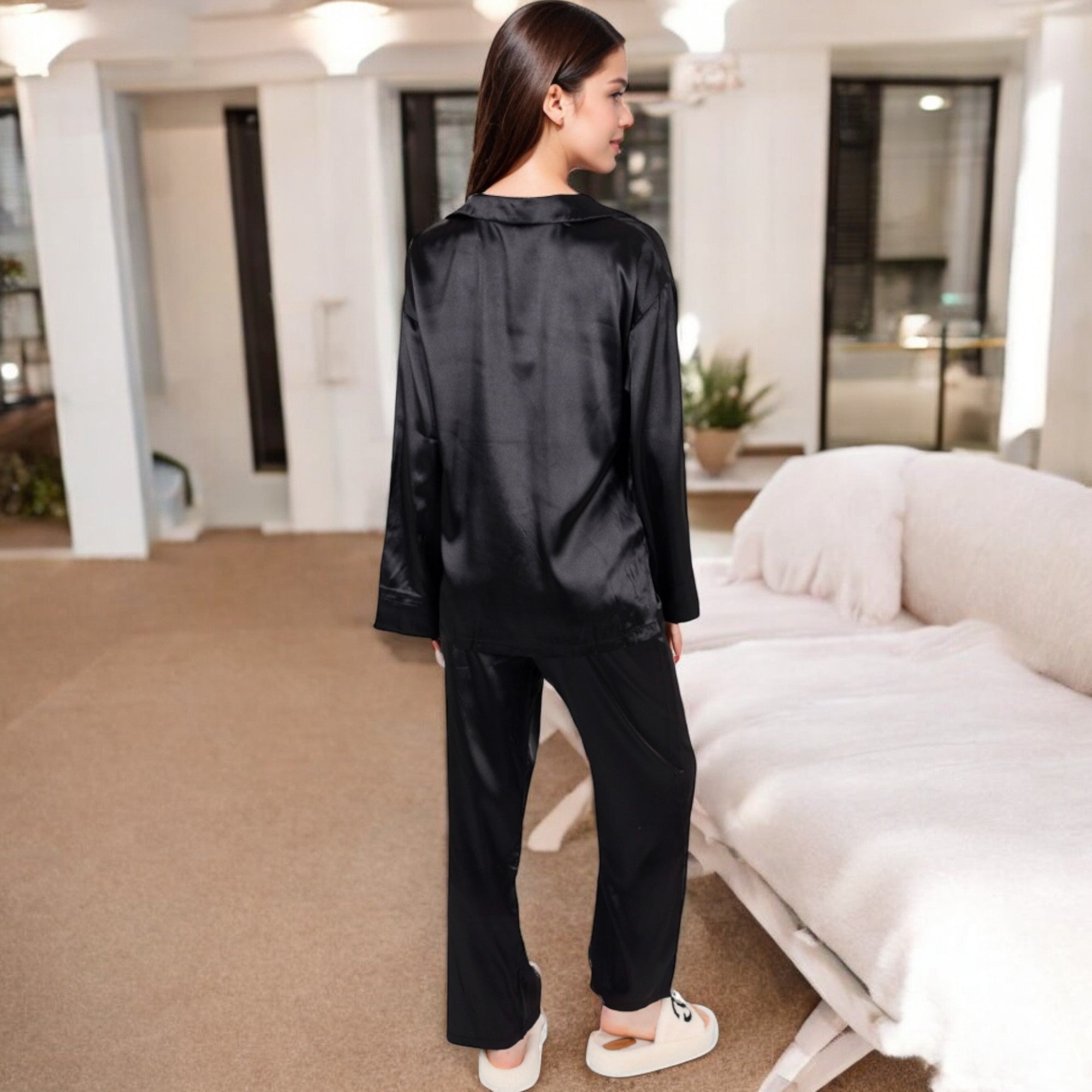 Anna-Kaci Women's Satin 2-Piece Pajama Set with Long Sleeve Button-Up Shirt and Relaxed Fit Wide-Leg Pants