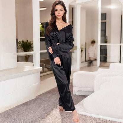 Anna-Kaci Women's Satin 2-Piece Pajama Set with Long Sleeve Button-Up Shirt and Relaxed Fit Wide-Leg Pants