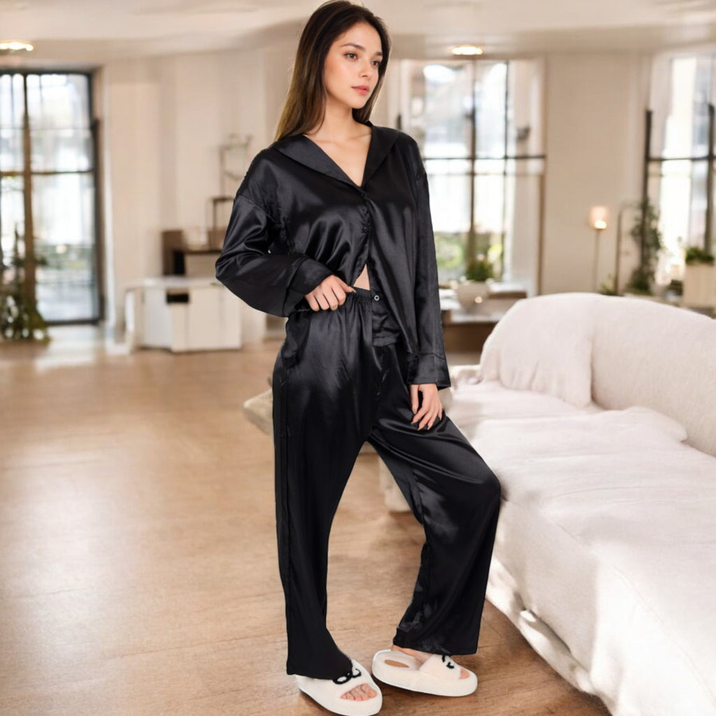 Anna-Kaci Women's Satin 2-Piece Pajama Set with Long Sleeve Button-Up Shirt and Relaxed Fit Wide-Leg Pants