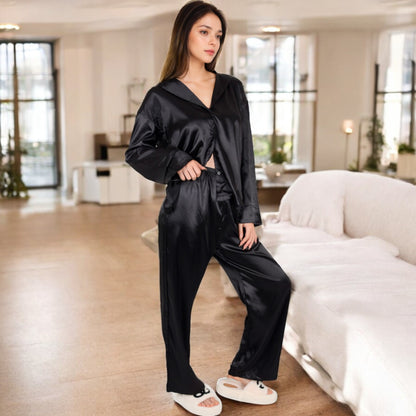 Anna-Kaci Women's Satin 2-Piece Pajama Set with Long Sleeve Button-Up Shirt and Relaxed Fit Wide-Leg Pants