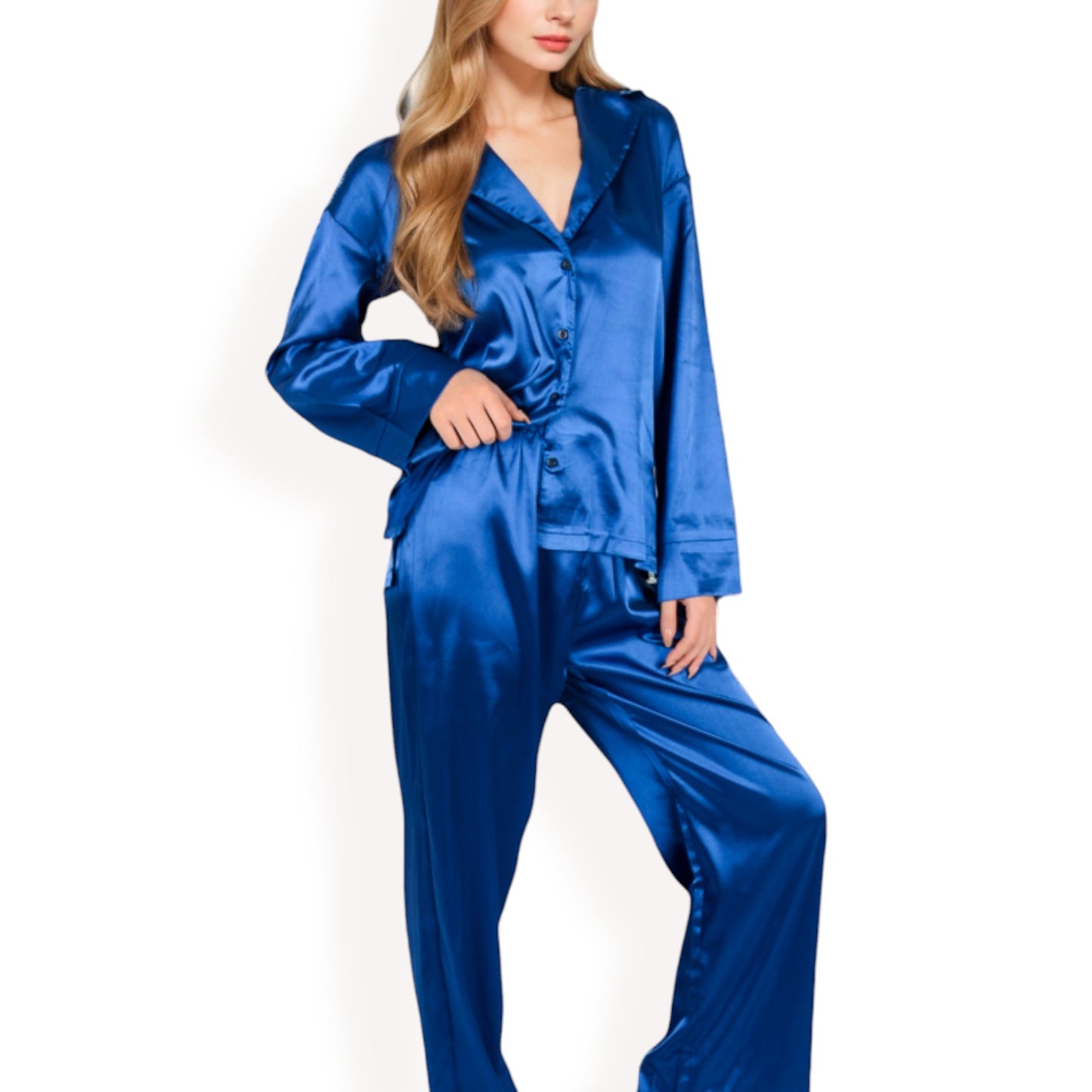 Anna-Kaci Women's Satin 2-Piece Pajama Set with Long Sleeve Button-Up Shirt and Relaxed Fit Wide-Leg Pants