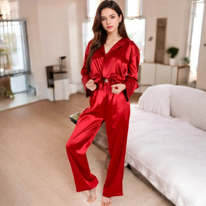 Anna-Kaci Women's Satin 2-Piece Pajama Set with Long Sleeve Button-Up Shirt and Relaxed Fit Wide-Leg Pants