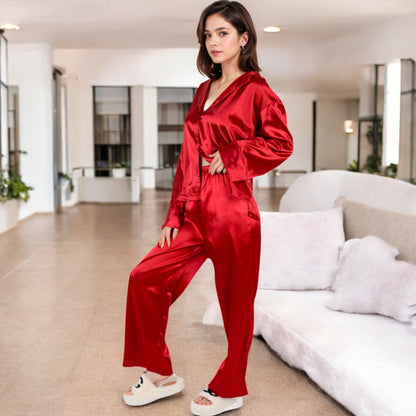 Anna-Kaci Women's Satin 2-Piece Pajama Set with Long Sleeve Button-Up Shirt and Relaxed Fit Wide-Leg Pants