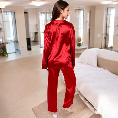 Anna-Kaci Women's Satin 2-Piece Pajama Set with Long Sleeve Button-Up Shirt and Relaxed Fit Wide-Leg Pants
