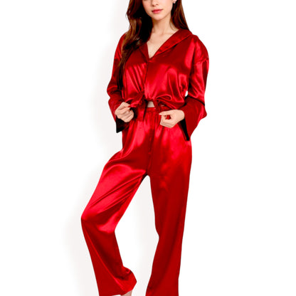 Anna-Kaci Women's Satin 2-Piece Pajama Set with Long Sleeve Button-Up Shirt and Relaxed Fit Wide-Leg Pants