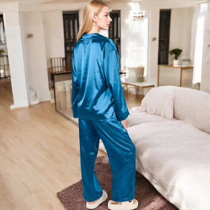 Anna-Kaci Women's Satin 2-Piece Pajama Set with Long Sleeve Button-Up Shirt and Relaxed Fit Wide-Leg Pants