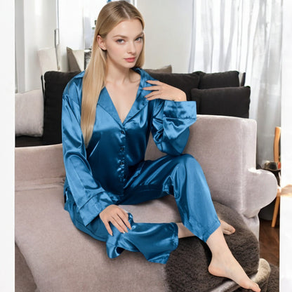 Anna-Kaci Women's Satin 2-Piece Pajama Set with Long Sleeve Button-Up Shirt and Relaxed Fit Wide-Leg Pants