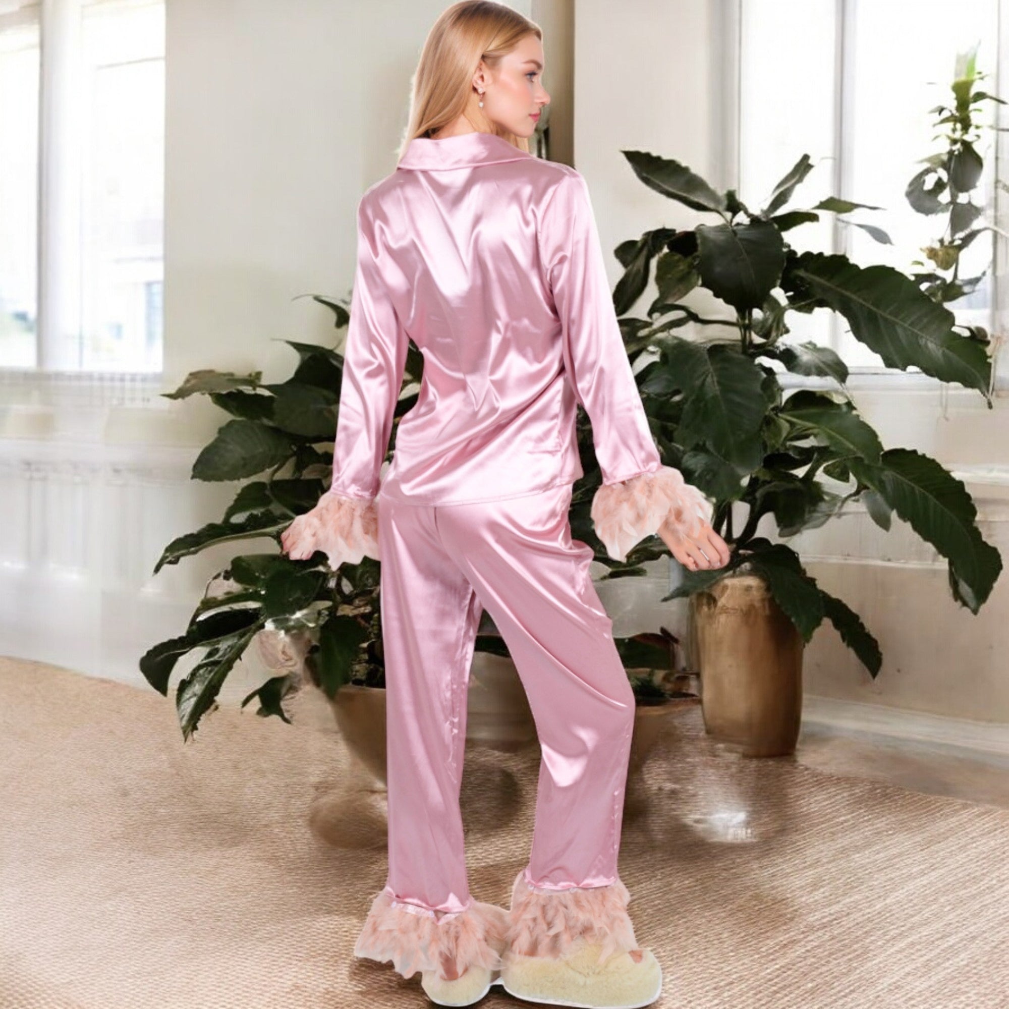 Anna-Kaci Women's Satin Long Sleeve Feather Detail 2-Piece Set