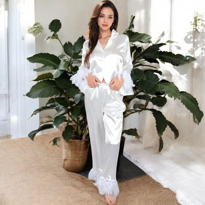 Anna-Kaci Women's Satin Long Sleeve Feather Detail 2-Piece Set