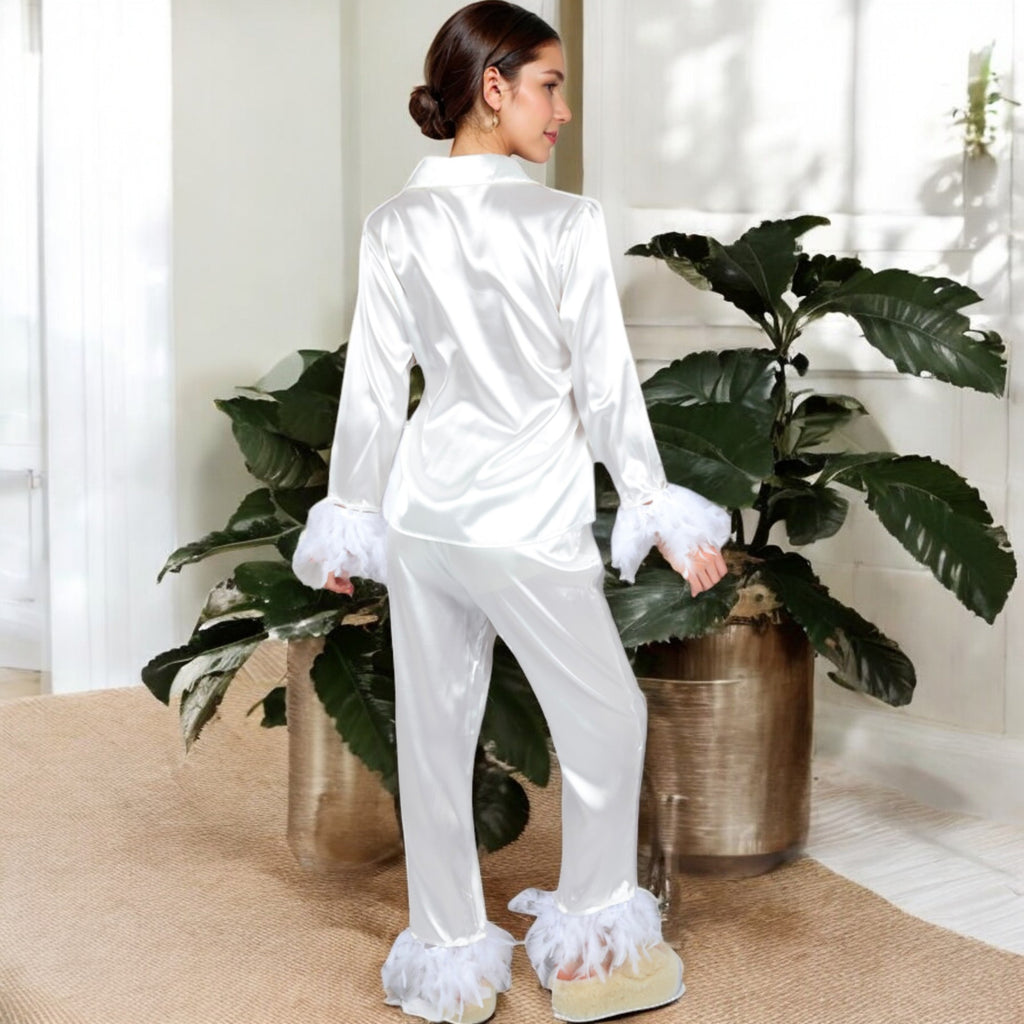 Anna-Kaci Women's Satin Long Sleeve Feather Detail 2-Piece Set
