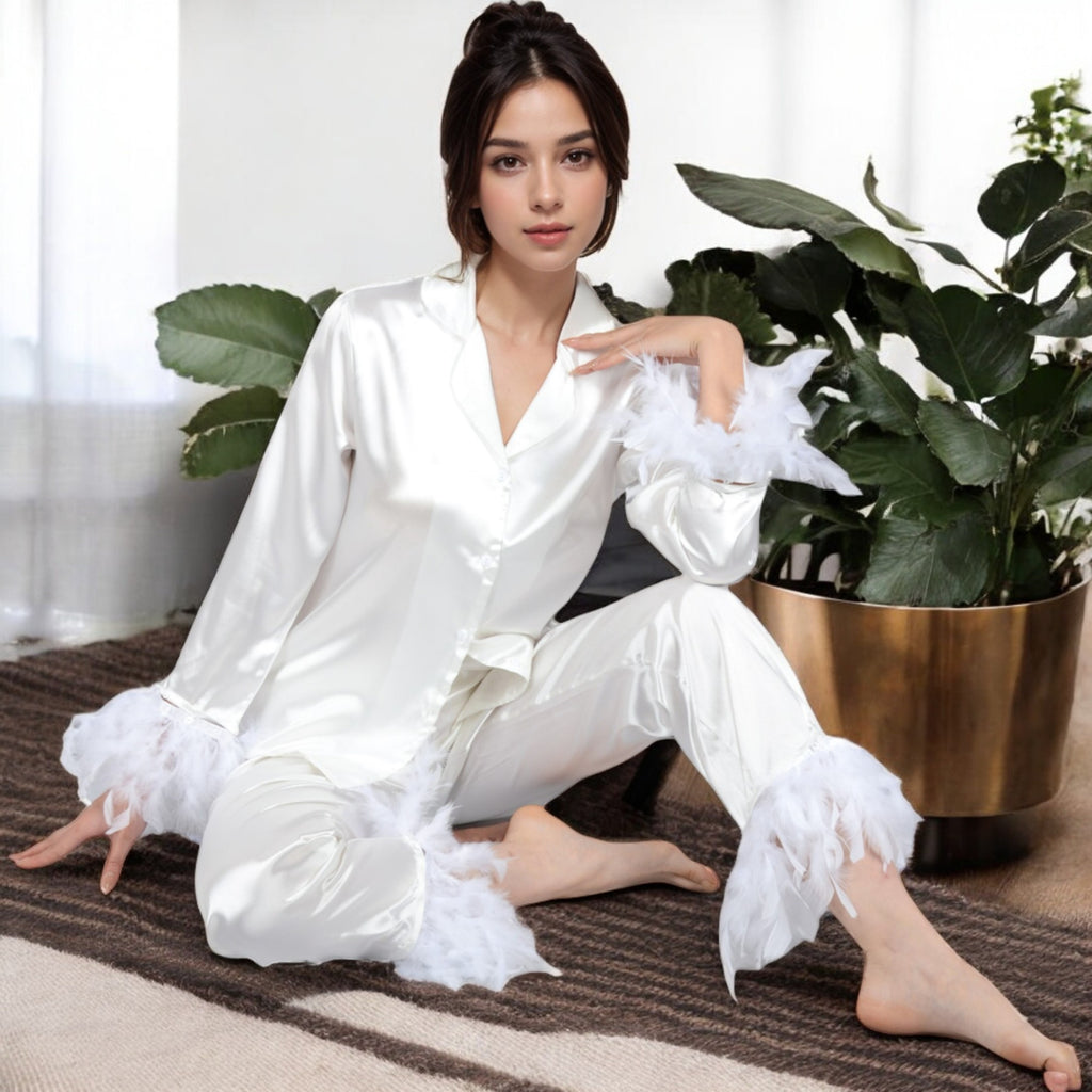 Anna-Kaci Women's Satin Long Sleeve Feather Detail 2-Piece Set