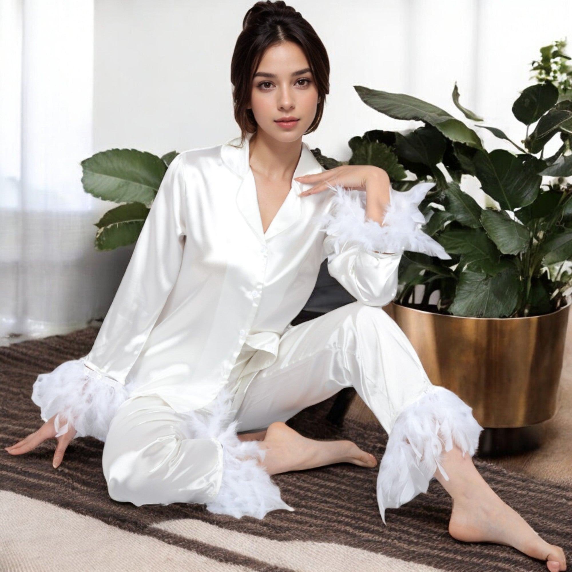 Anna-Kaci Women's Satin Long Sleeve Feather Detail 2-Piece Set