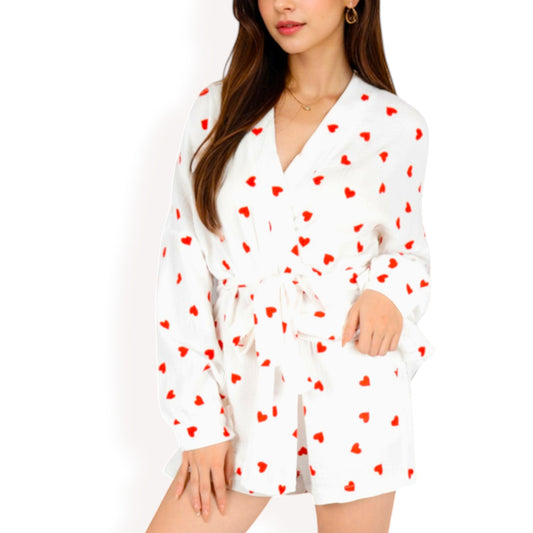 Anna-Kaci Women's Heart Print 2-Piece Pajama Set with Long Sleeve Tie-Waist Robe and Relaxed Fit Shorts