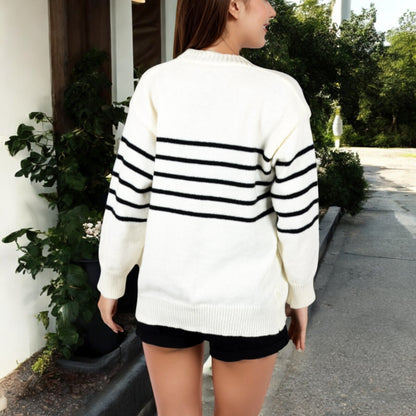 Anna-Kaci Women's Striped Button-Up Knit Cardigan with V-Neck and Long Sleeves