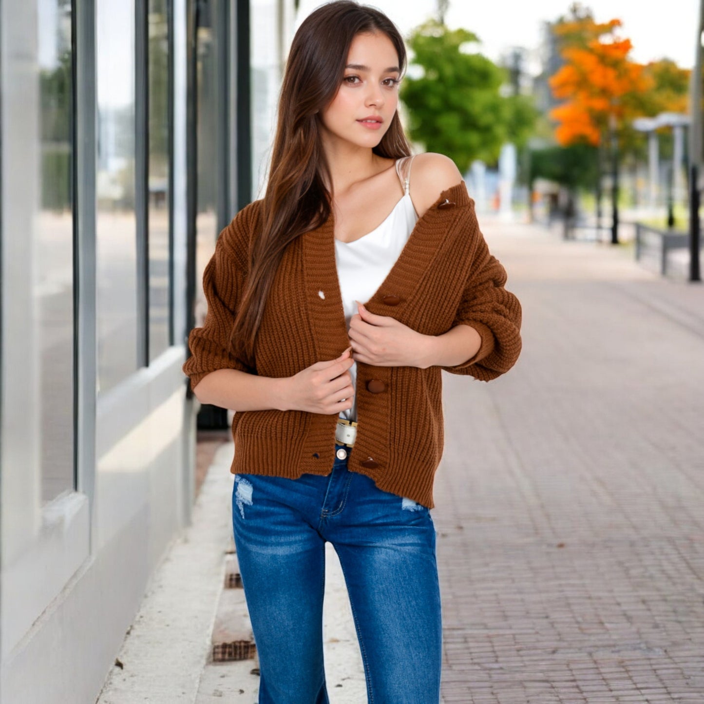 Anna-Kaci Women's Chunky Knit Sweater with Button Front and Ribbed Textured Design