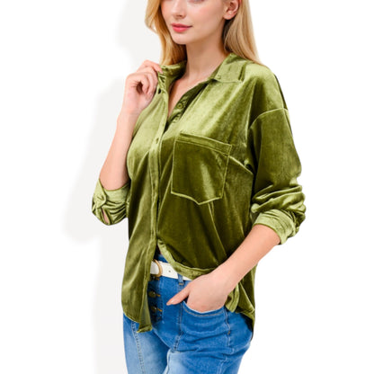 Anna-Kaci Women's Long Sleeve Velvet Button-Up Shirt with Chest Pocket