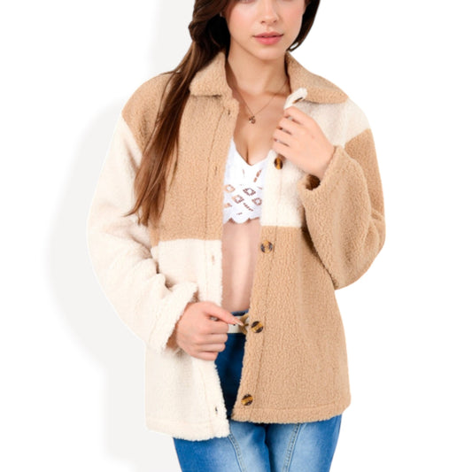 Anna-Kaci Women's High Pile Fleece Color Block Button-Up Jacket