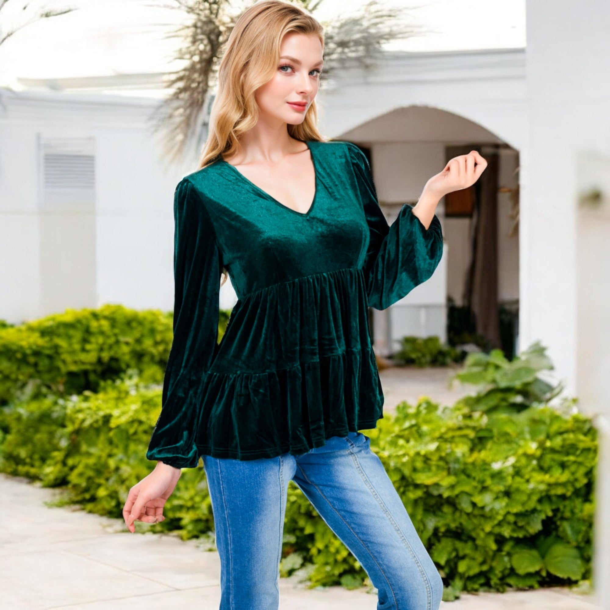 Anna-Kaci Women's Long Sleeve V-Neck Velvet Babydoll Top with Gathered Waist