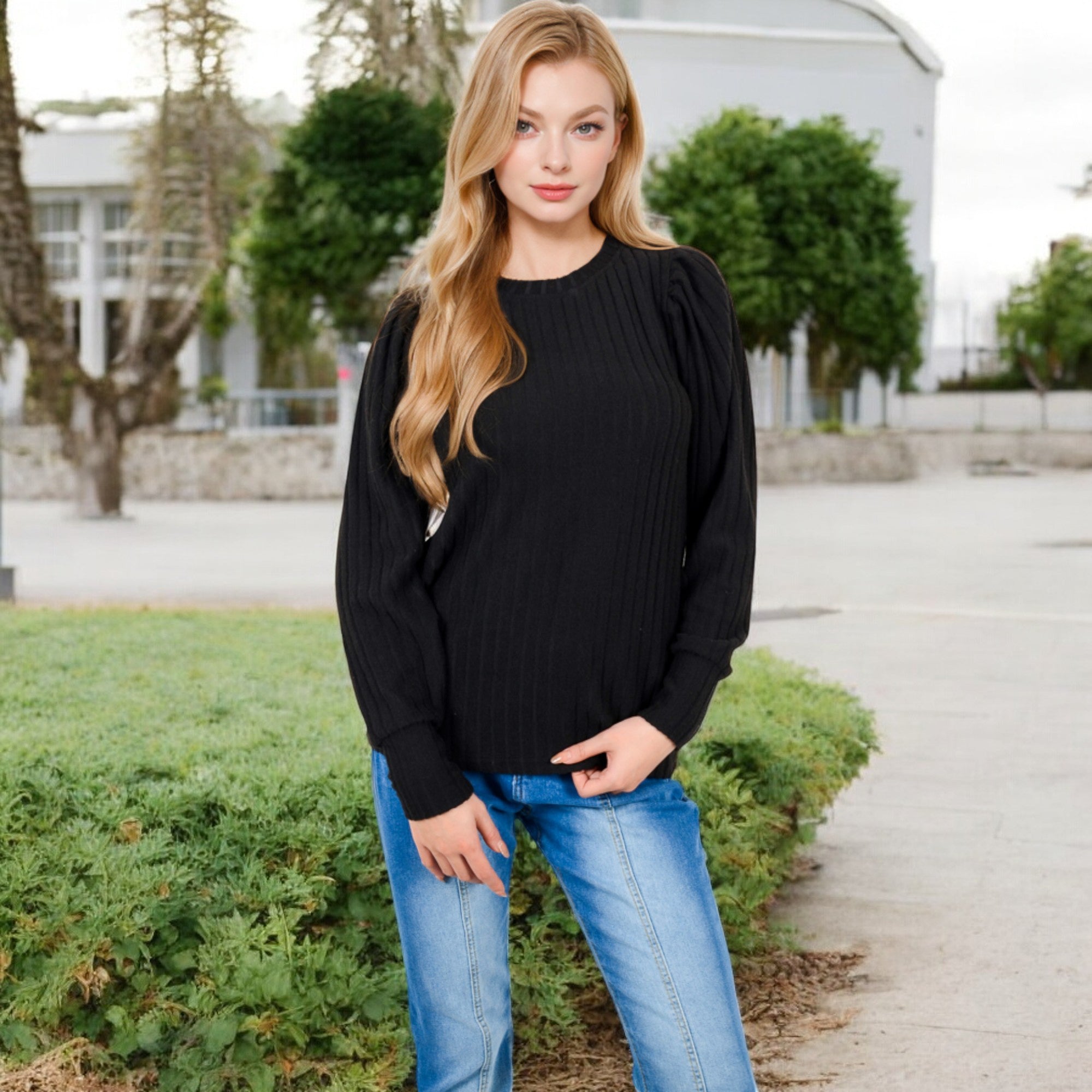 Anna-Kaci Women's Long Sleeve Ribbed Knit Sweater with Gathered Shoulders
