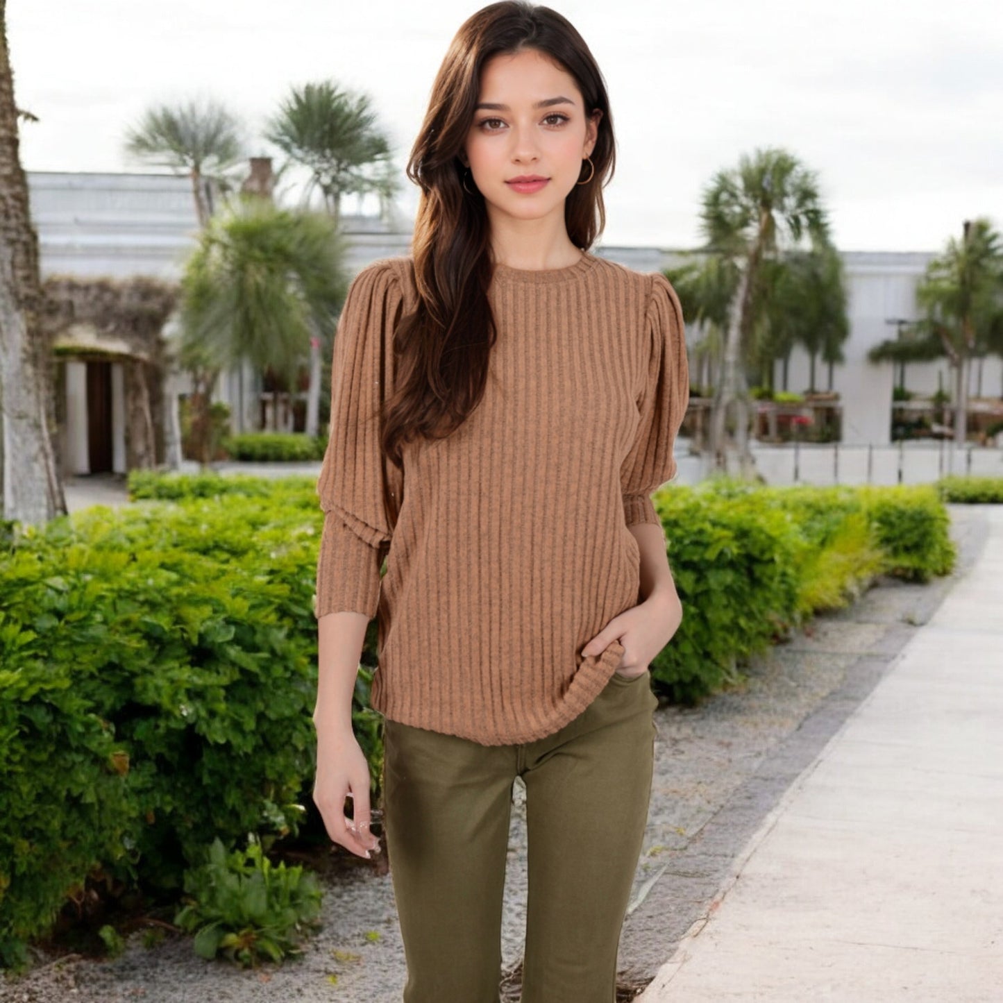 Anna-Kaci Women's Long Sleeve Ribbed Knit Sweater with Gathered Shoulders