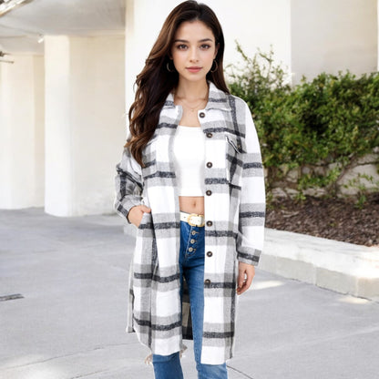 Anna-Kaci Women's Long Plaid Button-Up Shacket with Chest Pockets and Side Slits
