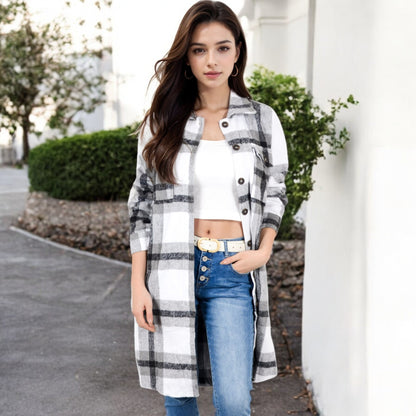 Anna-Kaci Women's Long Plaid Button-Up Shacket with Chest Pockets and Side Slits