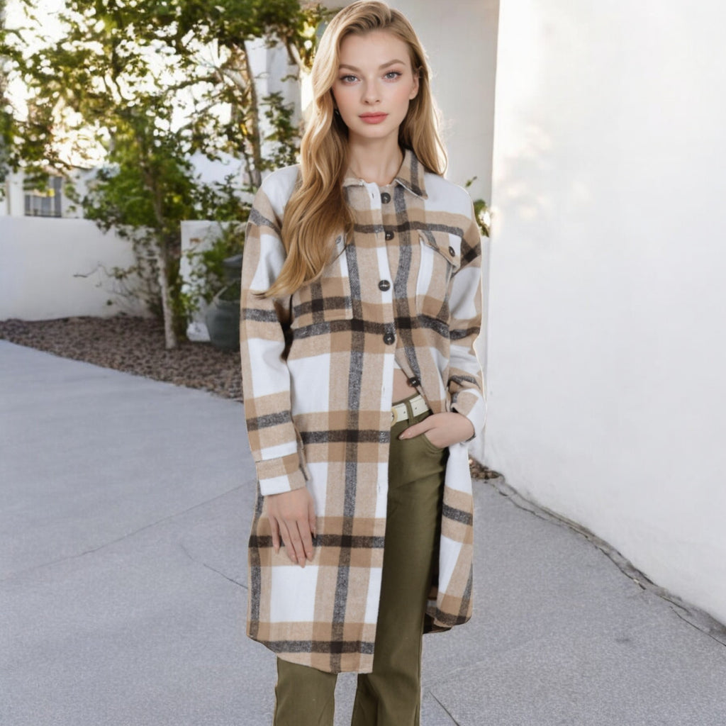 Anna-Kaci Women's Long Plaid Button-Up Shacket with Chest Pockets and Side Slits