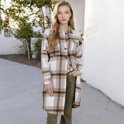 Anna-Kaci Women's Long Plaid Button-Up Shacket with Chest Pockets and Side Slits