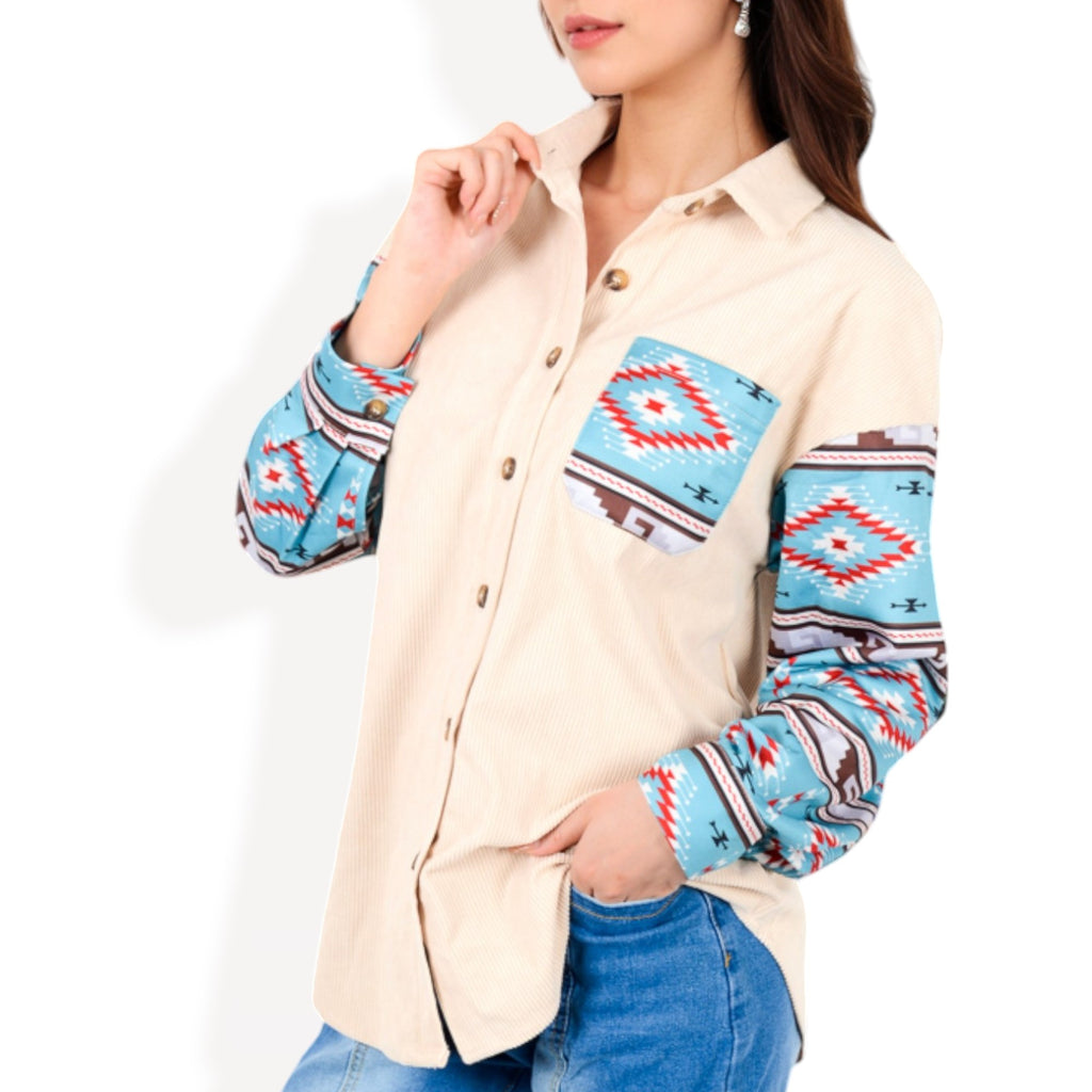 Anna-Kaci Women's Button-Up Corduroy Shirt with Aztec Print Pocket and Sleeves
