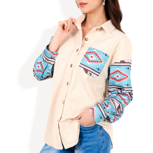 Anna-Kaci Women's Button-Up Corduroy Shirt with Aztec Print Pocket and Sleeves