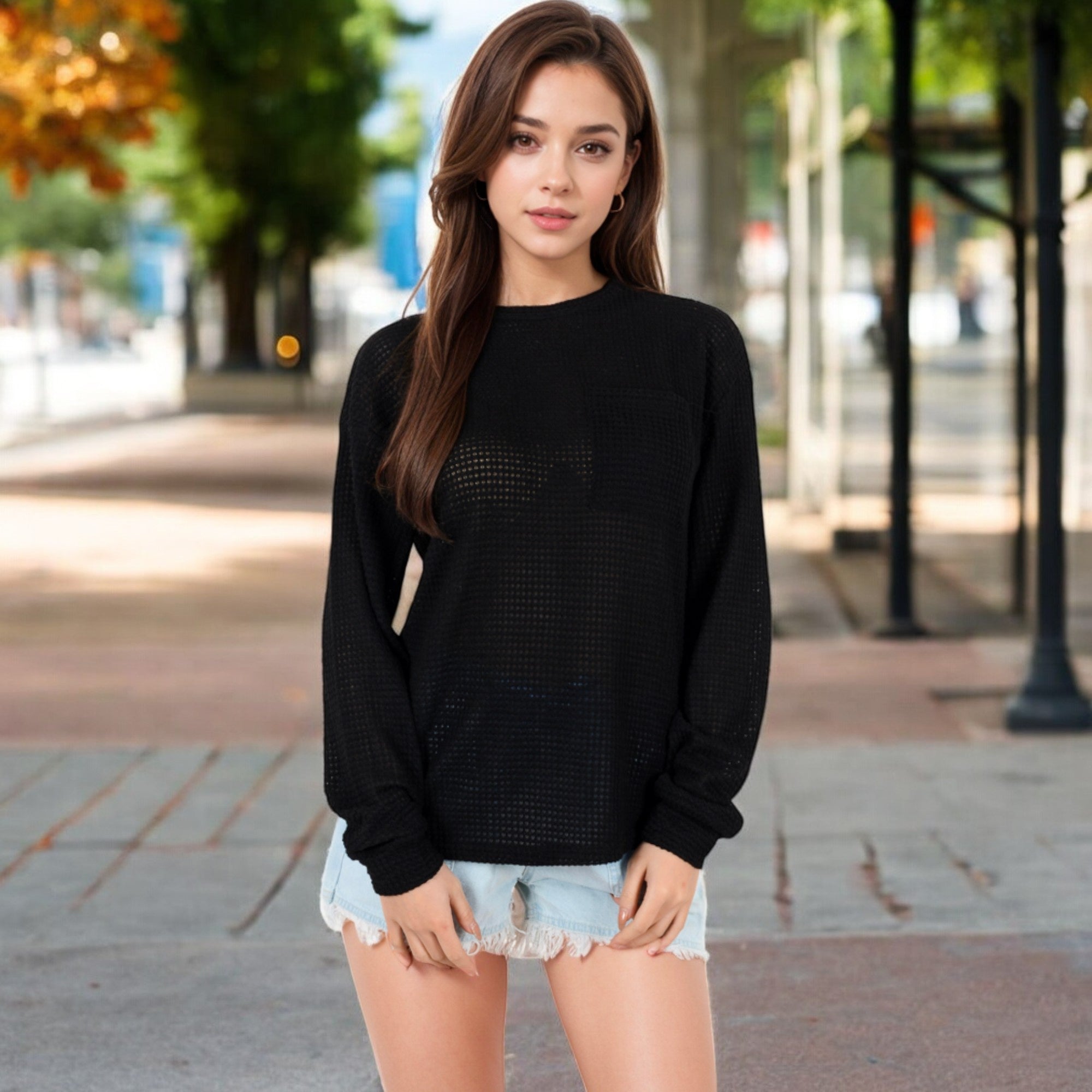 Anna-Kaci Women's Long Sleeve Waffle Knit Top with Front Pocket Detail