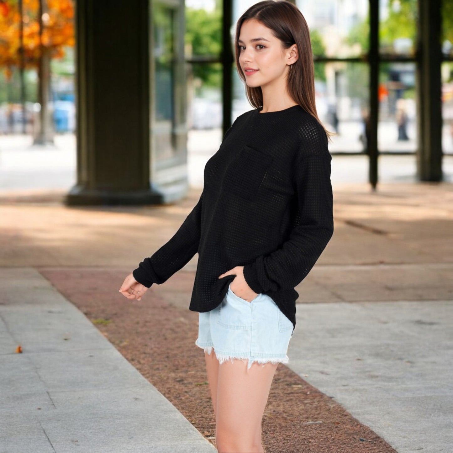 Anna-Kaci Women's Long Sleeve Waffle Knit Top with Front Pocket Detail