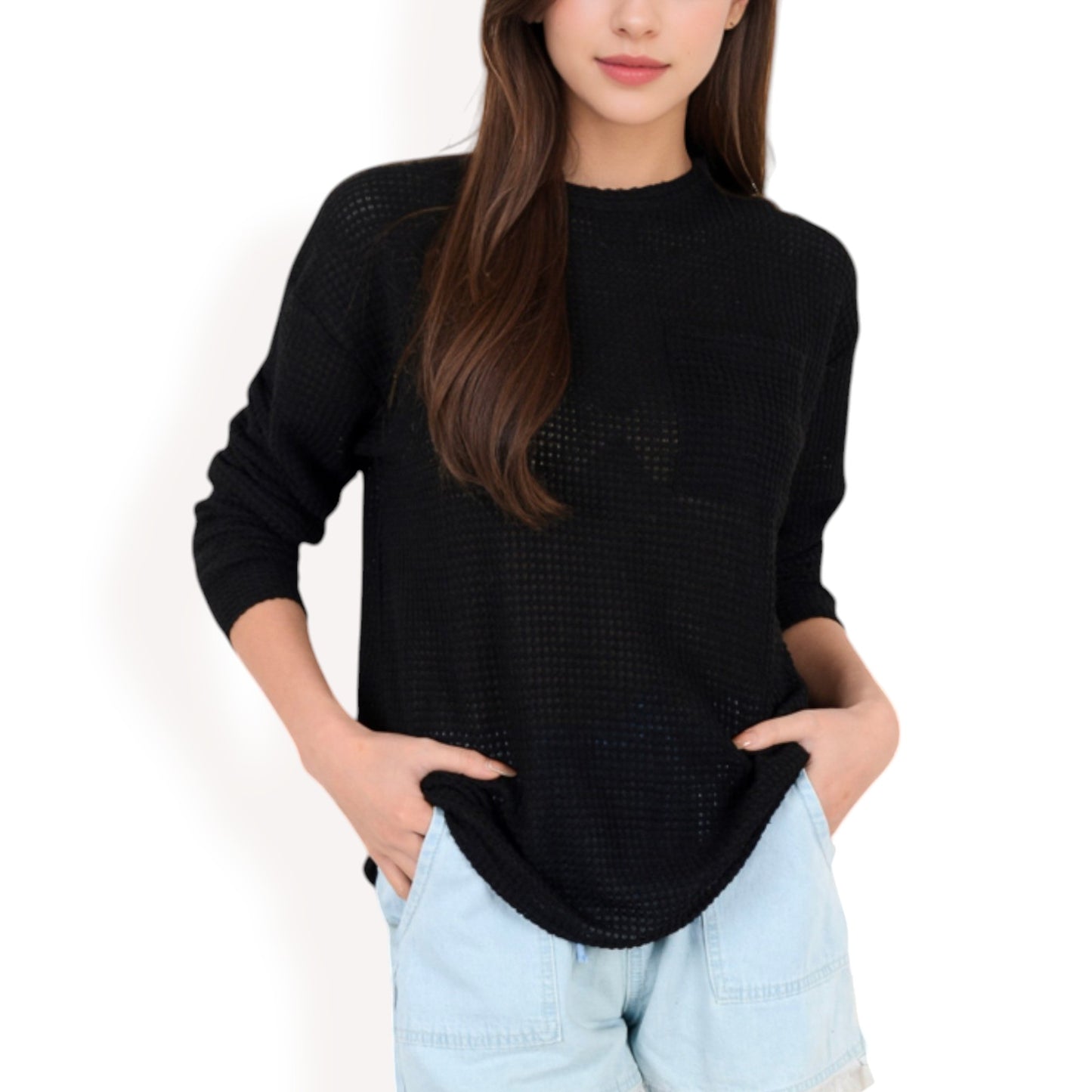 Anna-Kaci Women's Long Sleeve Waffle Knit Top with Front Pocket Detail