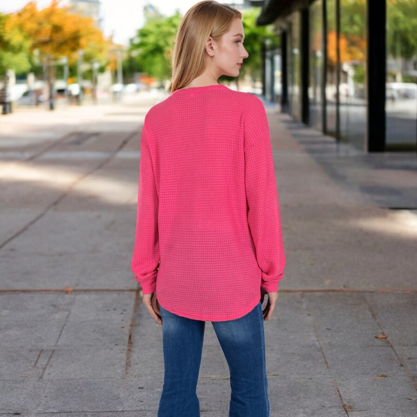 Anna-Kaci Women's Long Sleeve Waffle Knit Top with Front Pocket Detail