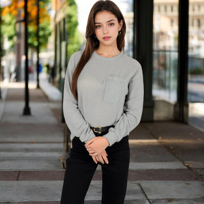 Anna-Kaci Women's Long Sleeve Waffle Knit Top with Front Pocket Detail