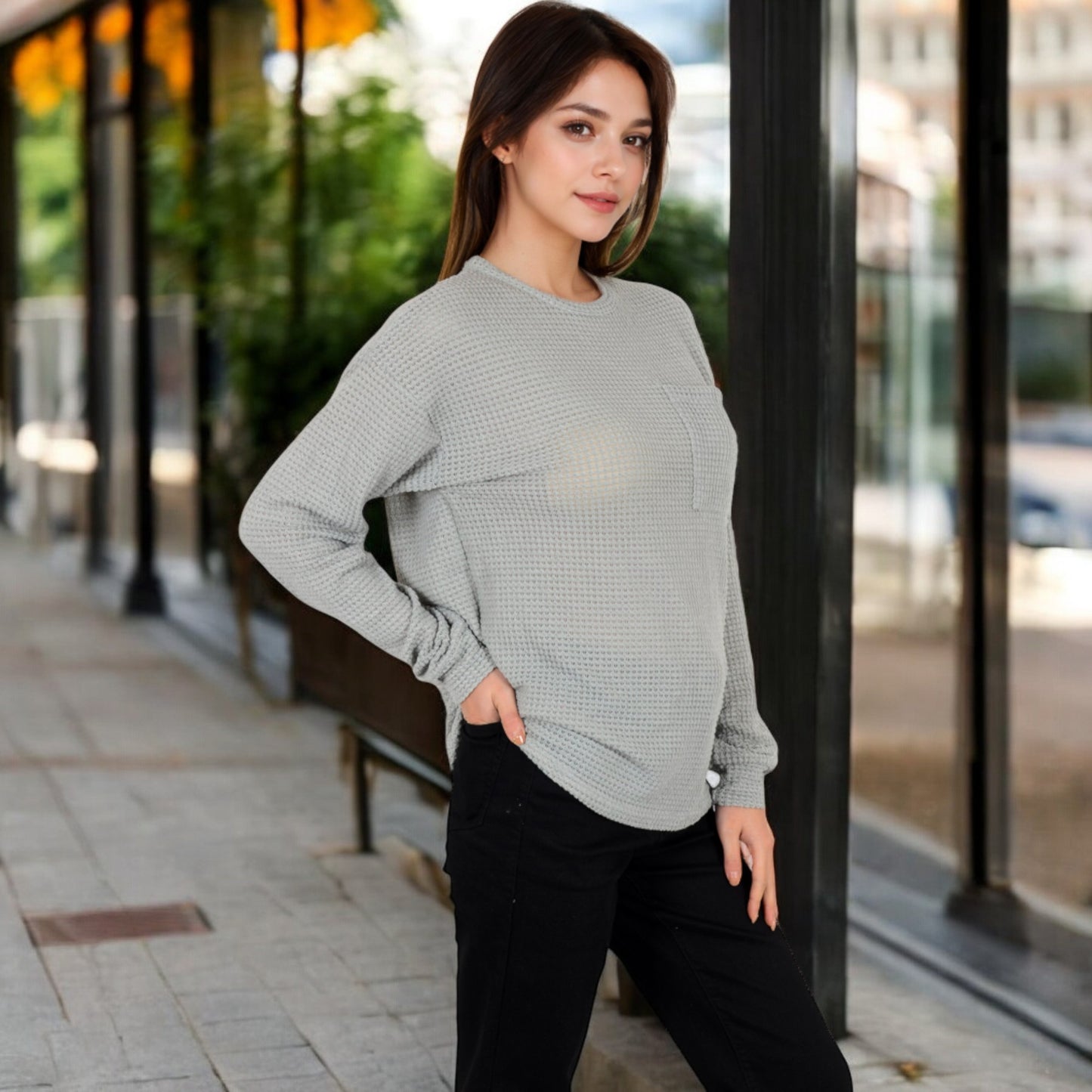 Anna-Kaci Women's Long Sleeve Waffle Knit Top with Front Pocket Detail