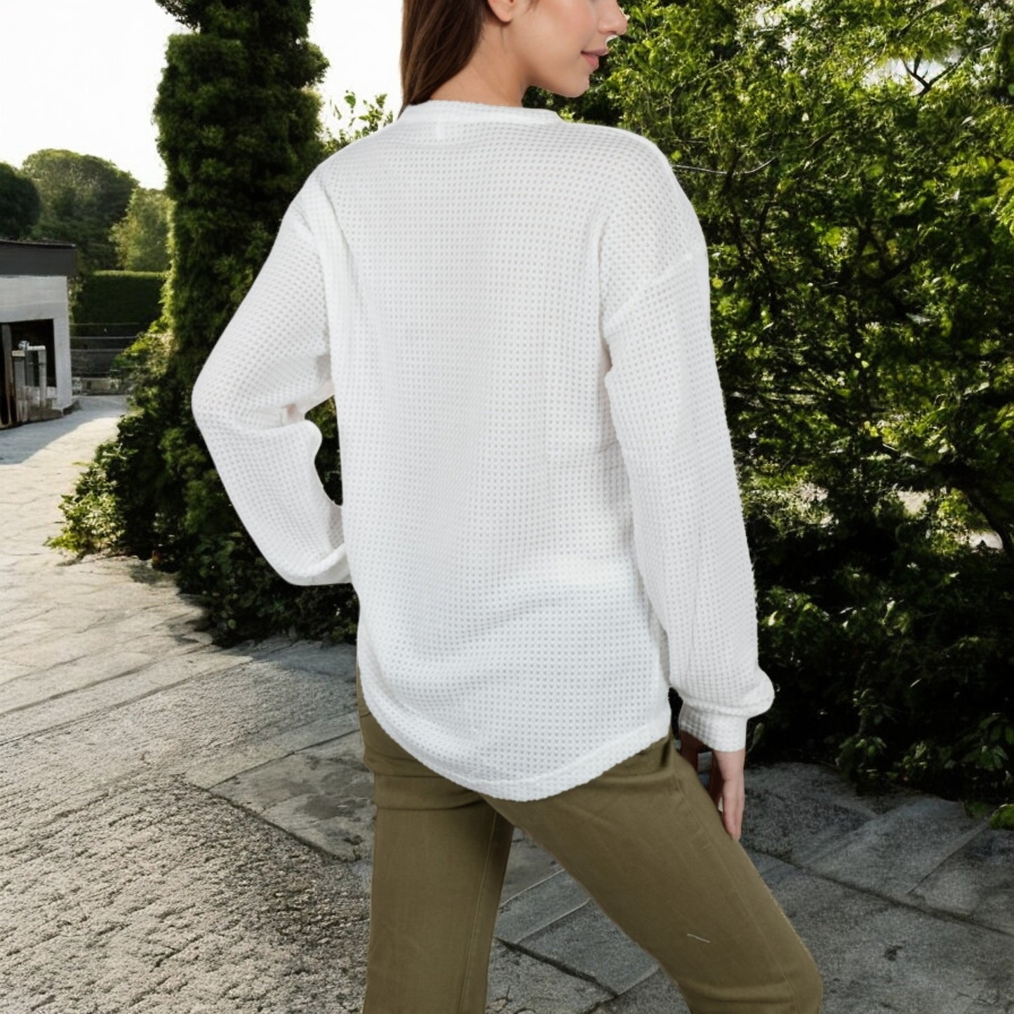 Anna-Kaci Women's Long Sleeve Waffle Knit Top with Front Pocket Detail