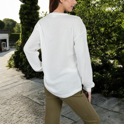 Anna-Kaci Women's Long Sleeve Waffle Knit Top with Front Pocket Detail