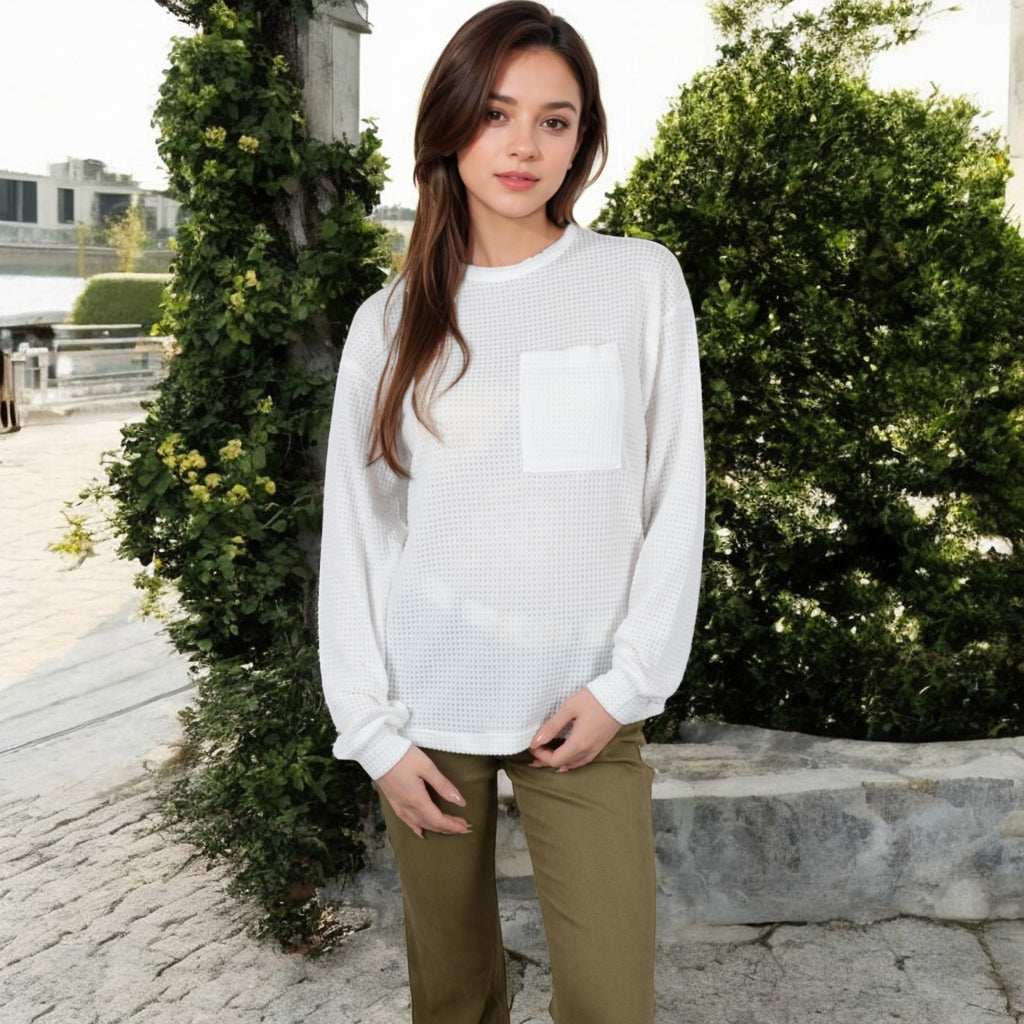 Anna-Kaci Women's Long Sleeve Waffle Knit Top with Front Pocket Detail